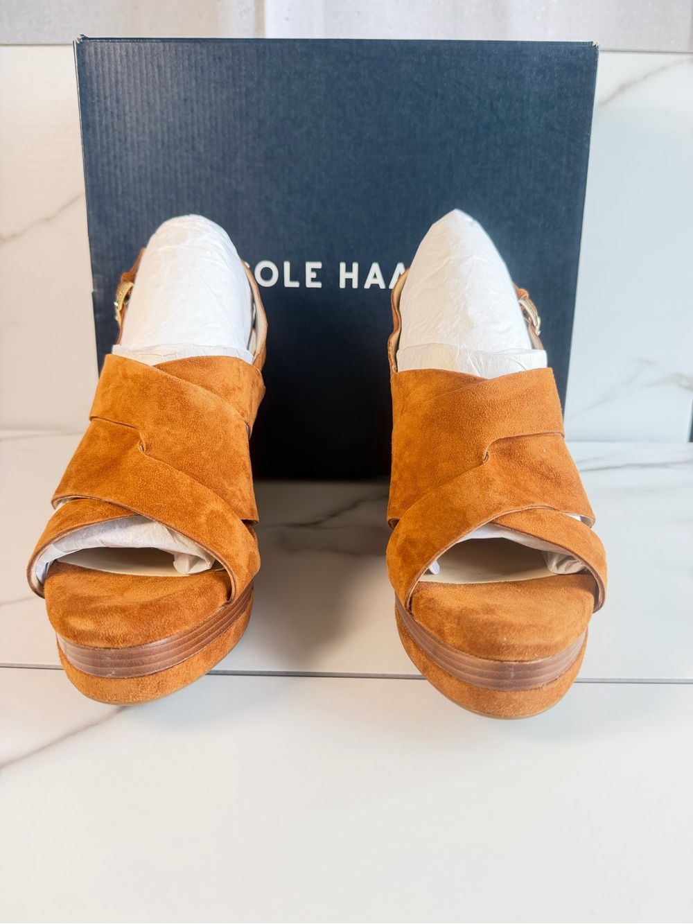Cole Haan Tan Suede Crisscross Platform Sandals